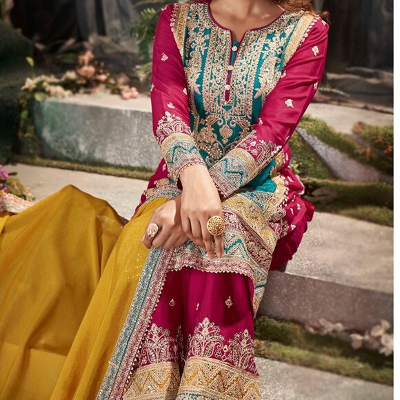 Wedding Party Wear Vibrant Pink Multicolor Mirror Embroidered Palazzo Suit - Picture 1 of 4